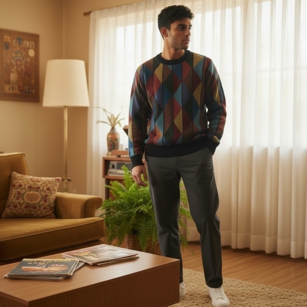 Amarumayo Men's Crewneck Sweater Pullover Multicolor Argyle Geometric M grandpa